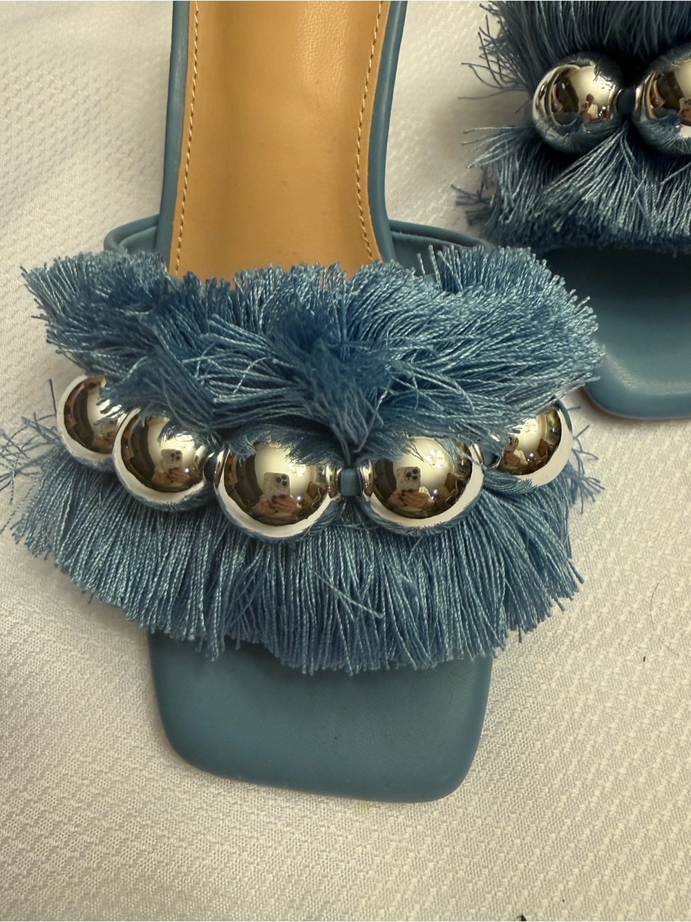 Fringed Blue Slide Heels with Silver Bead Trim